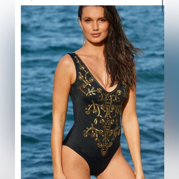Boston Proper Amita Naithani V-neck Sequin Embellished One Piece Swimsuit-black - Picture 15 of 16